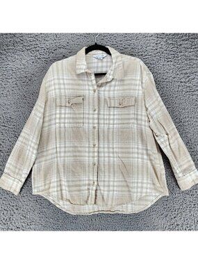 Old Navy Shirt Womens Large Tan Plaid Boyfriend Long Sleeve Button Up